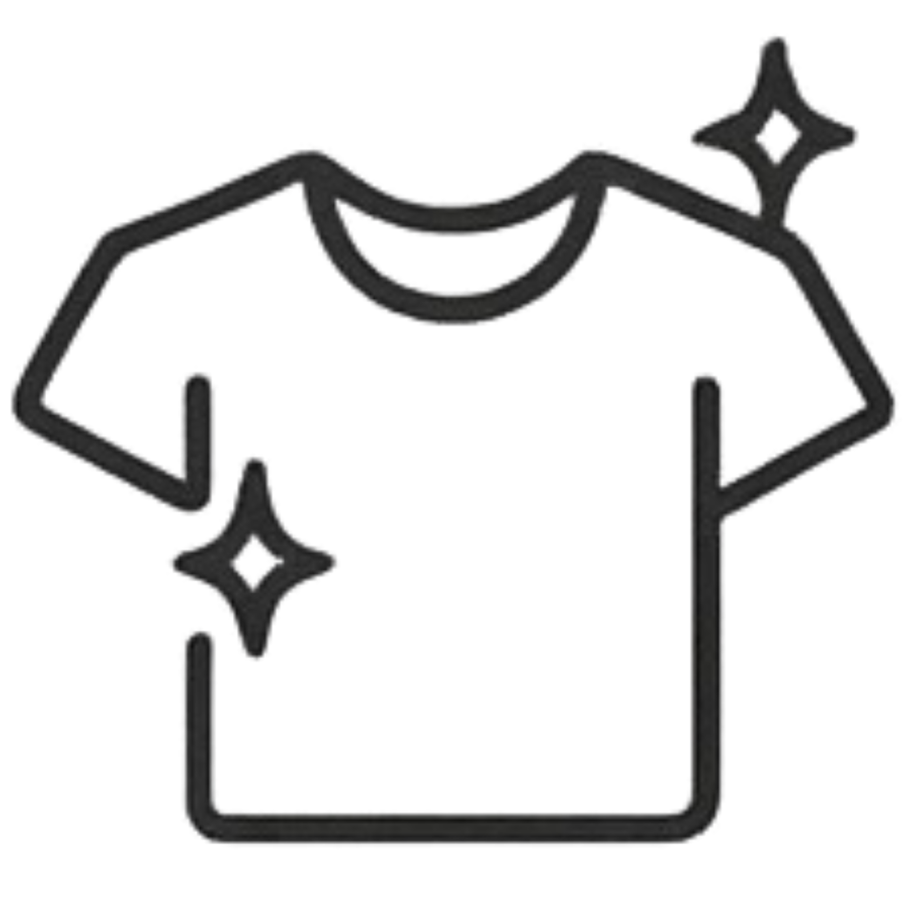 Premium garment icon depicting a minimalist T-shirt with subtle sparkle details, representing high-quality apparel.